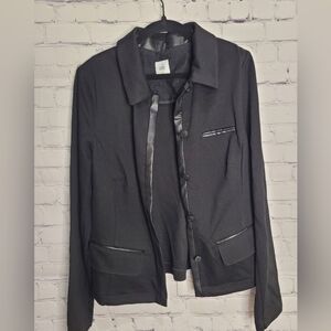 CAbi Black Blazer with Leather Trim